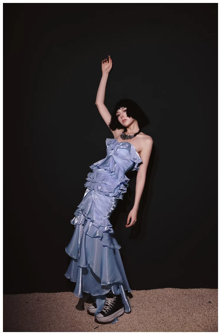 Glamorous Strapless Blue Satin Ruffles Layered mermaid Slit Evening Dress Long Party Dress