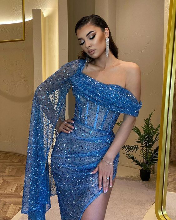 Sexy Blue Mermaid High Slit Maxi Long Prom Dress,Evening Dress