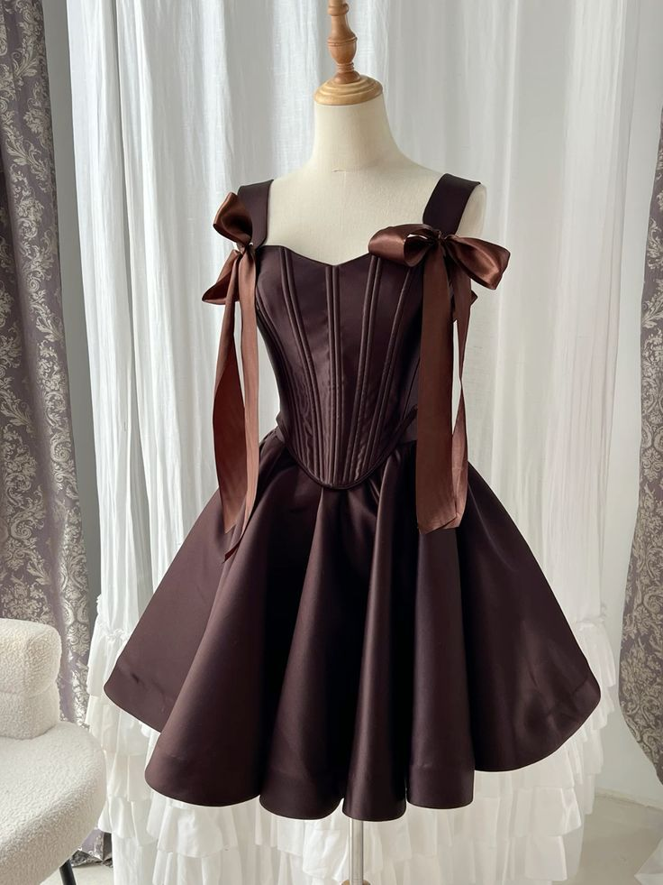 Vintage Straps Brown Satin A Line Short Party Dress Formal Graduation Homecoming Dress