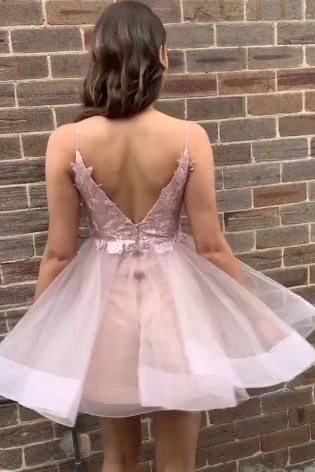Simple Spaghetti Straps V Neck Backless Pink Short Homecoming Dress