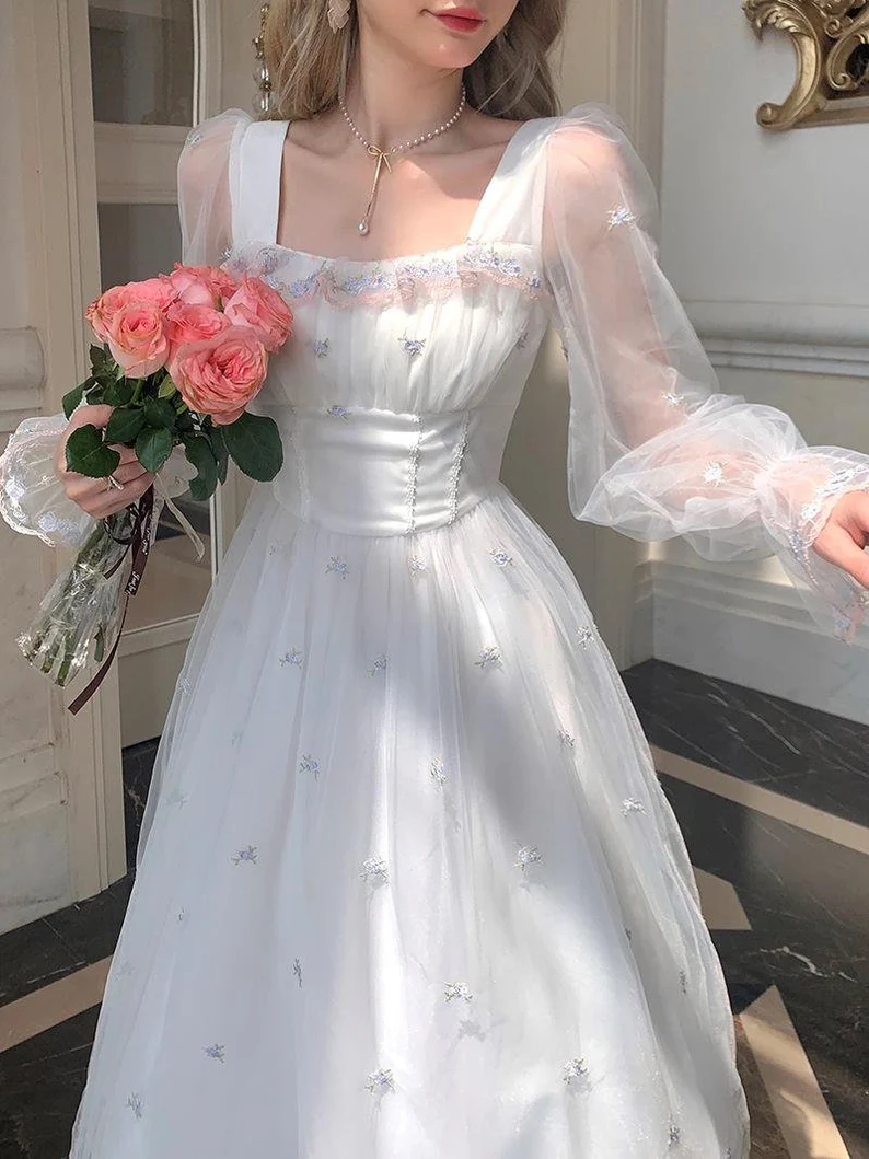 White Mesh Fairy Dress Woman French Vintage Embroidery Floral Flare Sleeve Princess Prom Dresses