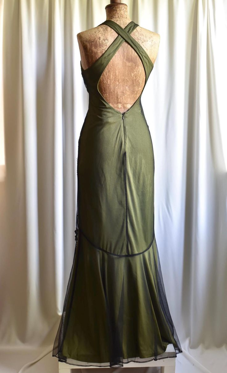 Vintage Olive Green Satin Tulle Beaded Mermaid Evening Dress Backless Long Party Dress