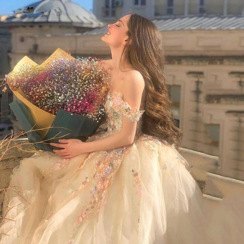 Gorgeous Off Shoulder Champagne Lace Floral Prom Dress, Long 3D Flower Champagne Formal Evening Dress, Champagne Ball Gown