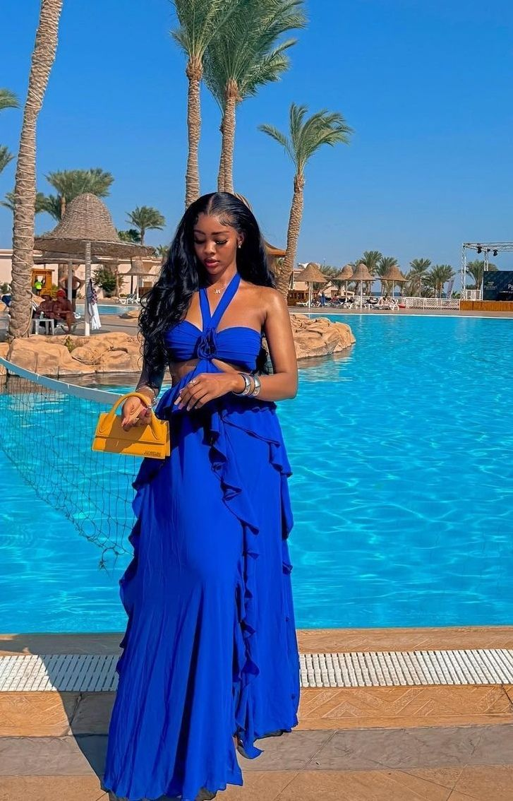 Beautiful A Line Halter Chiffon Royal Blue Long Prom Dress,Ruffles Evening Dress