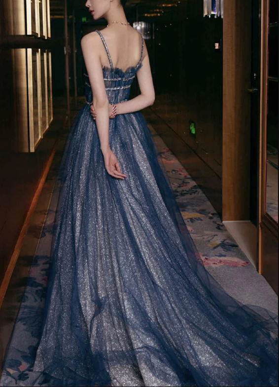 Shiny tulle long A line prom dress blue evening dress