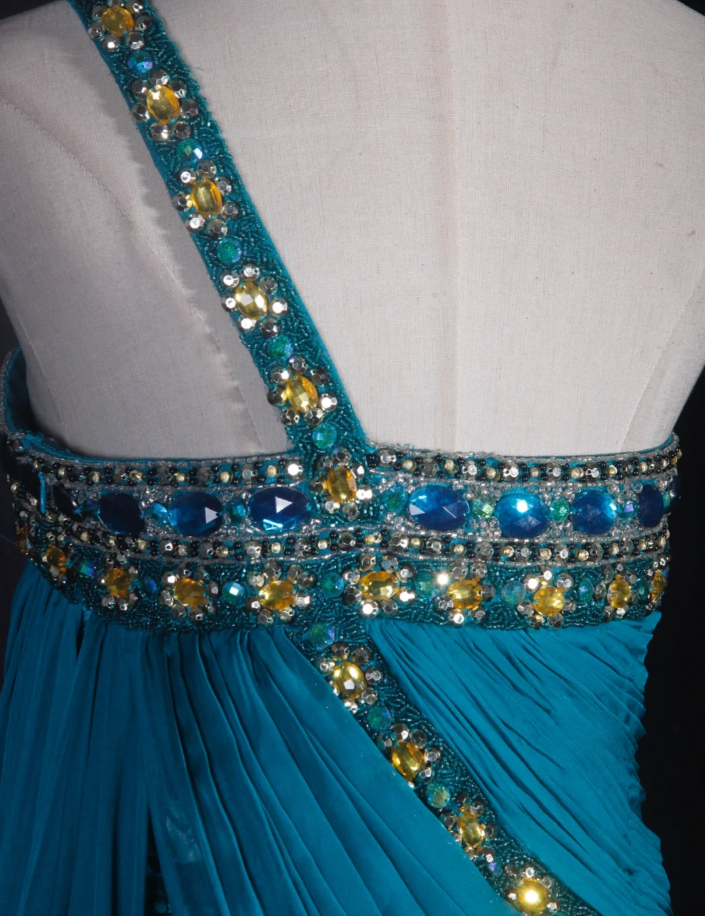 Vintage Blue One Shoulder Satin Beaded Mermaid Evening Dress Long Party Dress With Florals