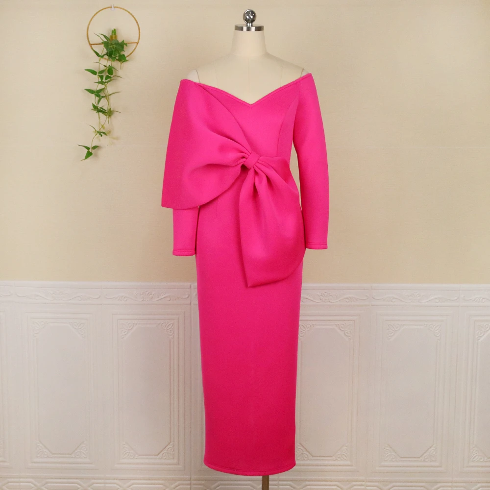 Women's Elegant V-Neck Off Shoulder Long Dress Big Knot Slim Evening Dresses Boutique Occasion Dresses