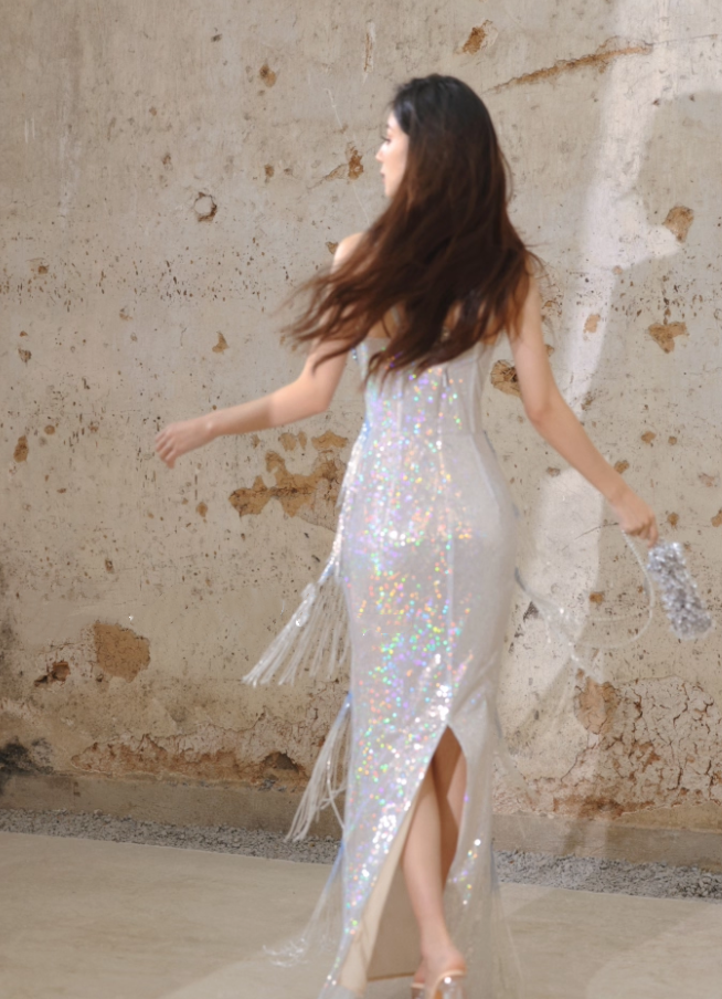 Glitter Spaghetti Straps Sequin Beaded Mermaid Long Evening Dress Birthday Prom Dress With Tassel