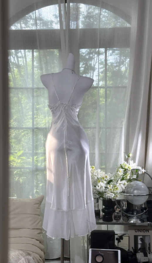 Beautiful White Spaghetti Straps Satin Appliques Chiffon Mermaid Prom Dress Long Evening Dress