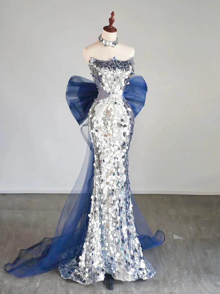 Glitter Silver Sequins Long Evening Dress Mermaid Prom Dress With Bow