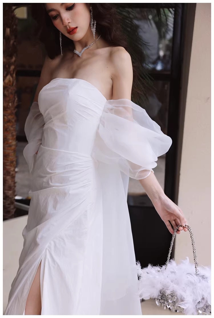 Classy Off The Shoulder White Satin Slit Mermaid Long Party Dress Birthday Evening Dress