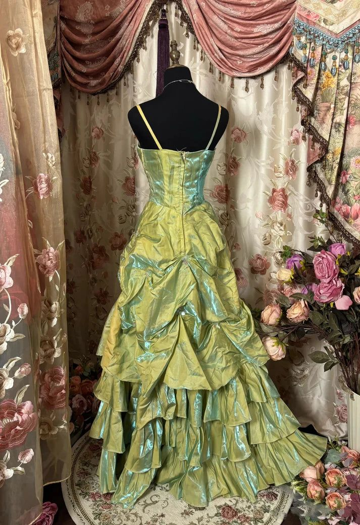 Vintage Green Satin Beaded Pleated A Line Prom Dress,Ball Gown