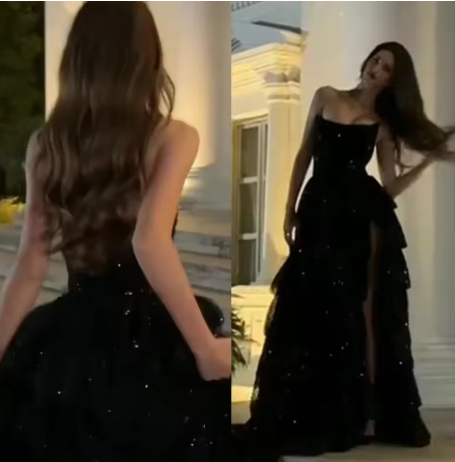 Elegant Black Sequin Layered Slit Evening Dress Formal Party Prom Dress