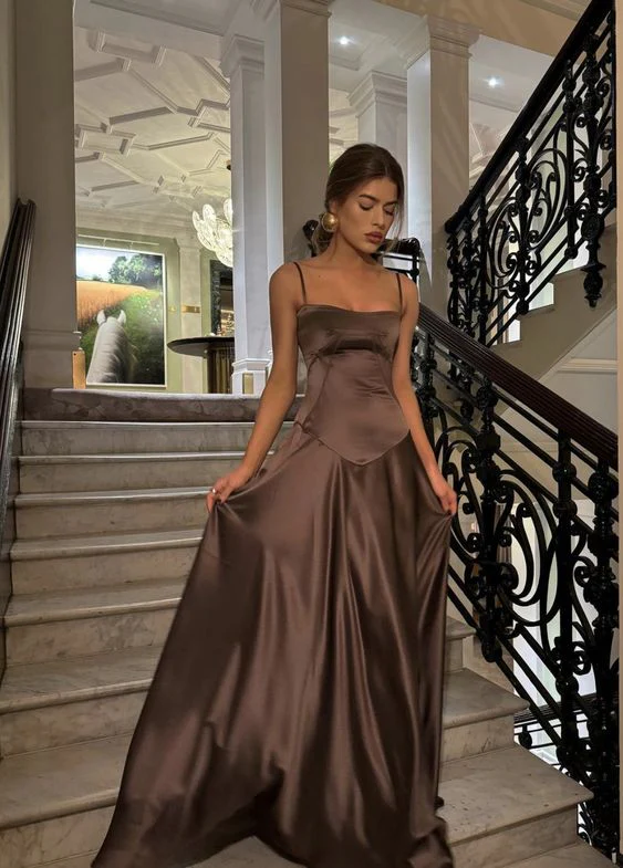 Vintage Brown Spaghetti Straps Prom Dress Long A Line Satin Party Evening Dress