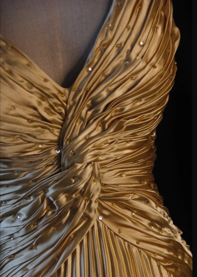 Stylish Spaghetti Straps Gold V Neck Satin Pleated Beaded Long Party Dress Formal Wedding Guest Dress