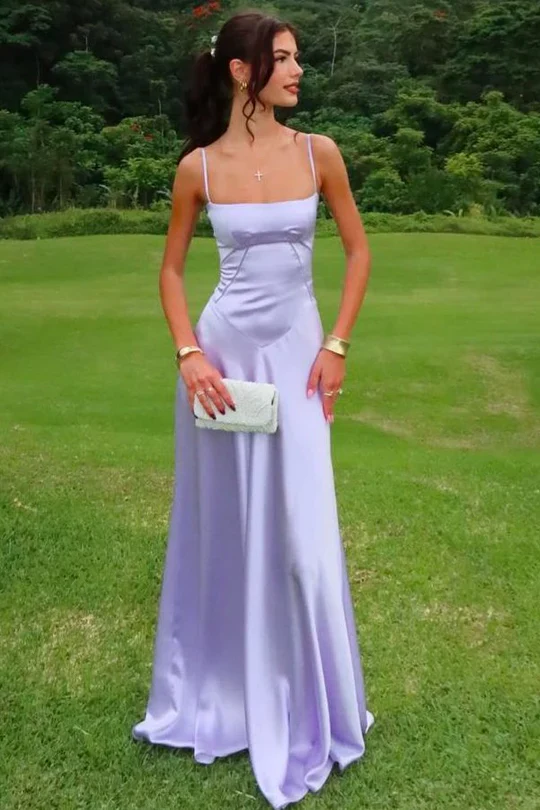 Elegant Spaghetti Straps Lilac Satin Long Wedding Guest Dress Bridesmaid Dress