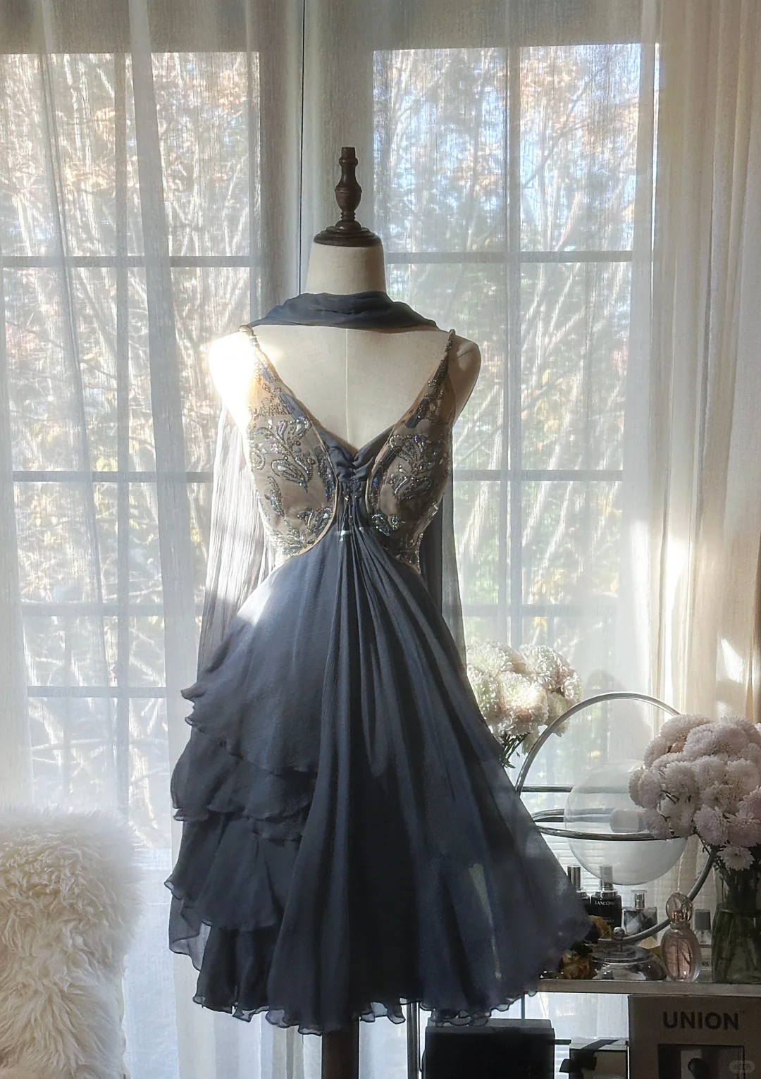 Stylish Spaghetti Straps V Neck Chiffon Sequin Cocktail Dress Blue Short Birthday Outfits Homecoming Dress