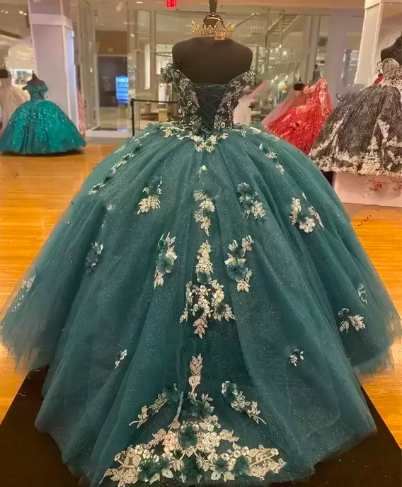 Dark Green Quinceanera Dresses Off the Shoulder Princess Pageant Ball Gown Flowers Beads Sweet 16 Floor Length Corset Back Birthday Party Wear