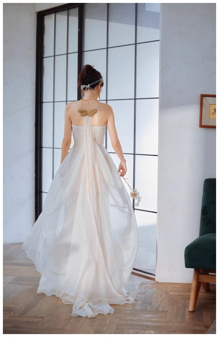 Charming Spaghetti Straps Light Apricot Chiffon Pleated Mermaid Long Evening Dress 18th Birthday Outfits