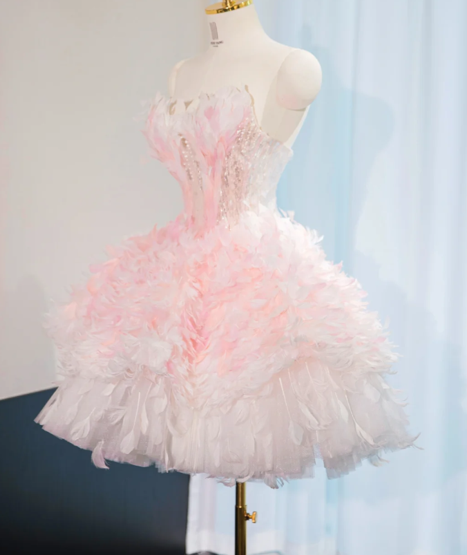 Sweet Pink Princess Tulle Feathers Short Birthday Dress Homecoming Dress