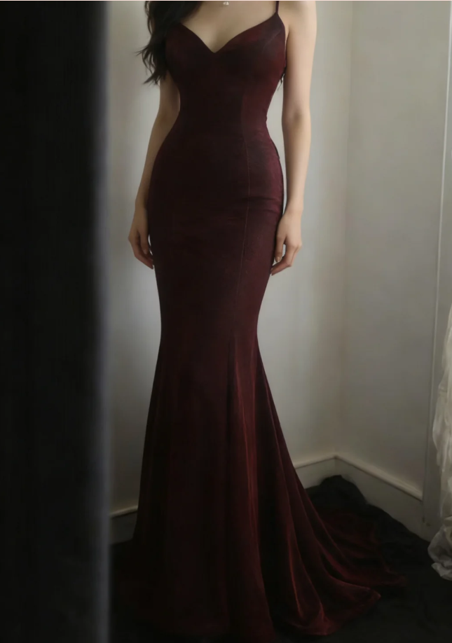 Charming Burgundy Spaghetti Straps Satin Mermaid Long Party Dress Backless Evening Gown