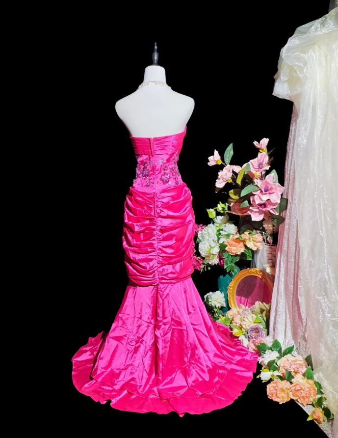Sexy Hot Pink Satin Beaded Mermaid Long Party Dress Formal Wedding Guest Dress