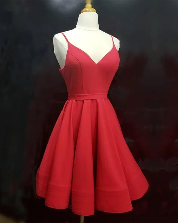 Spaghetti Straps V-neck Satin Homecoming Dresses Ball Gown Party Dress
