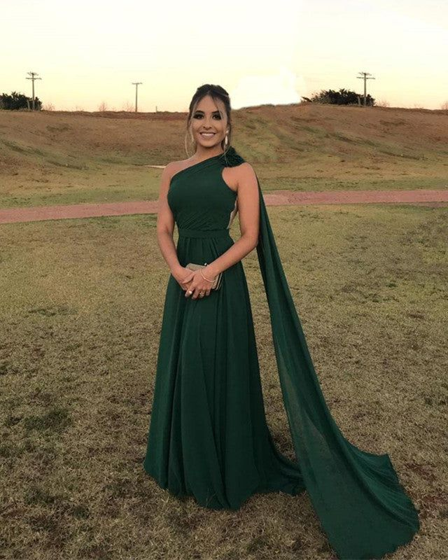 Chiffon One Shoulder Green Prom Dress,Wedding Guest Dress