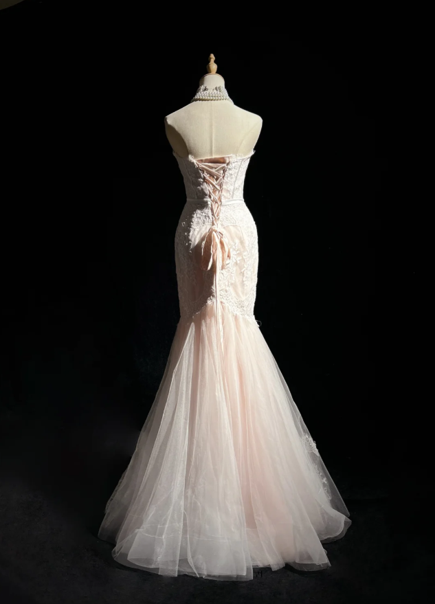 Pretty Strapless Light Pink Tulle Lace Appliques Mermaid Long Evening Dress Formal Wedding Guest Dress
