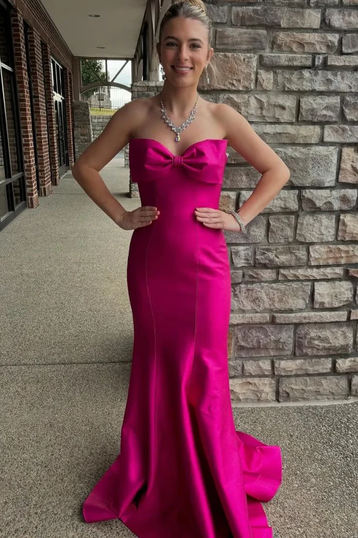 Chic Bow Strapless Mermaid Evening Dress Hot Pink Prom Dress