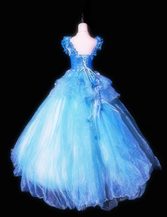 Sweet Blue Tulle Appliques Beaded Sweet 16 Dress Formal Quinceanera Dress