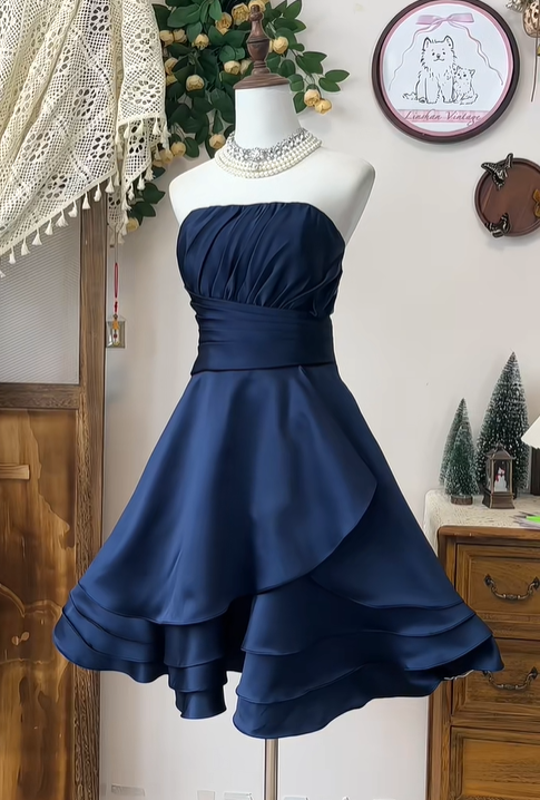 Vintage Strapless Navy Blue A Line Short Party Dress Homecoming Dress