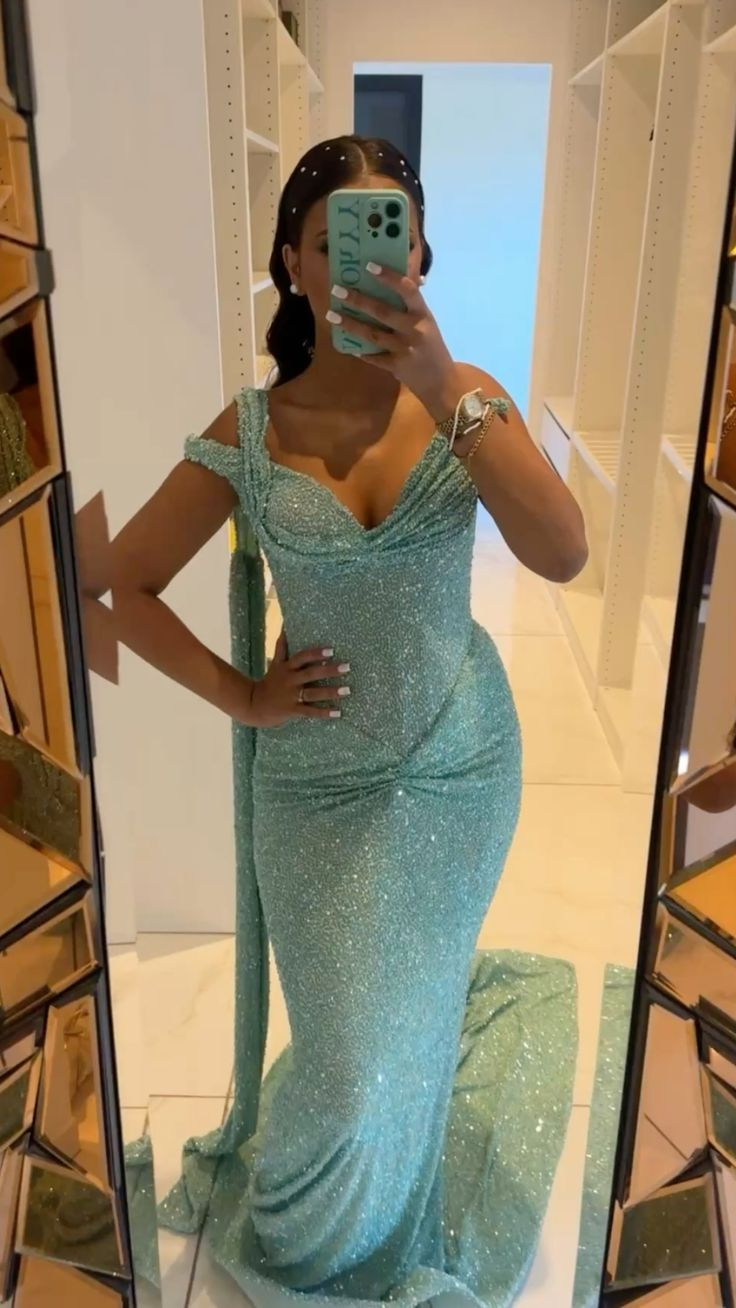 Shiny Sequin Pleated Mermaid Party Dress Blue One Shoulder Long Evening Gown