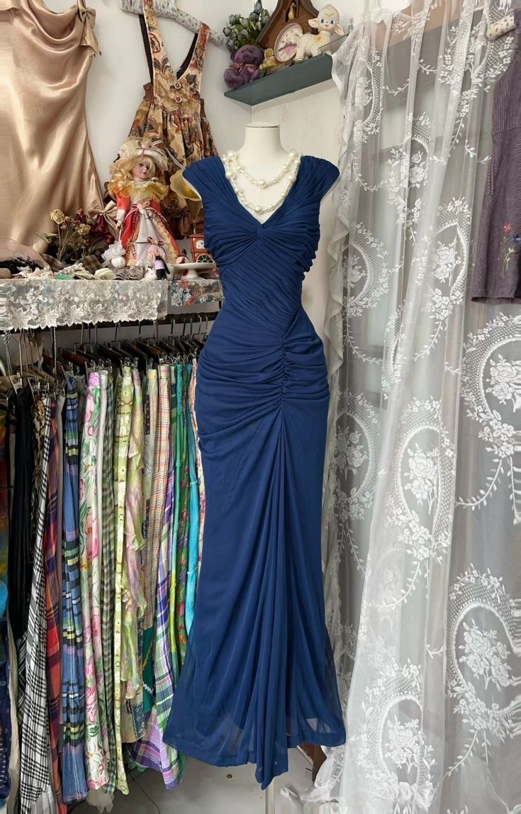 Vintage Mermaid Navy Blue Pleated Floor Length Party Dress Prom Dress