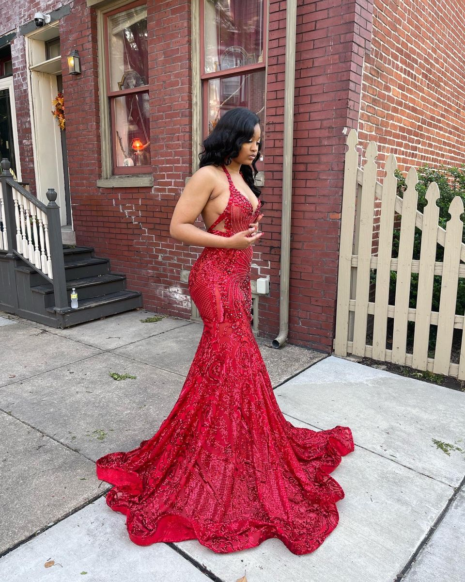 Sexy Red Halter Satin Sequin Beaded Mermaid Evening Dress Long Party Dress