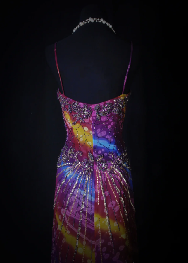 Unique V Neck Purple Spaghetti Straps Chiffon Beaded Mermaid Long Party Dress Evening Gown