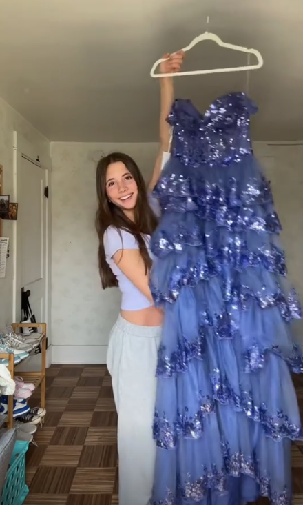 Pretty Blue Tulle Sequins Layered Prom Dress Long Slit Party Evening Gown