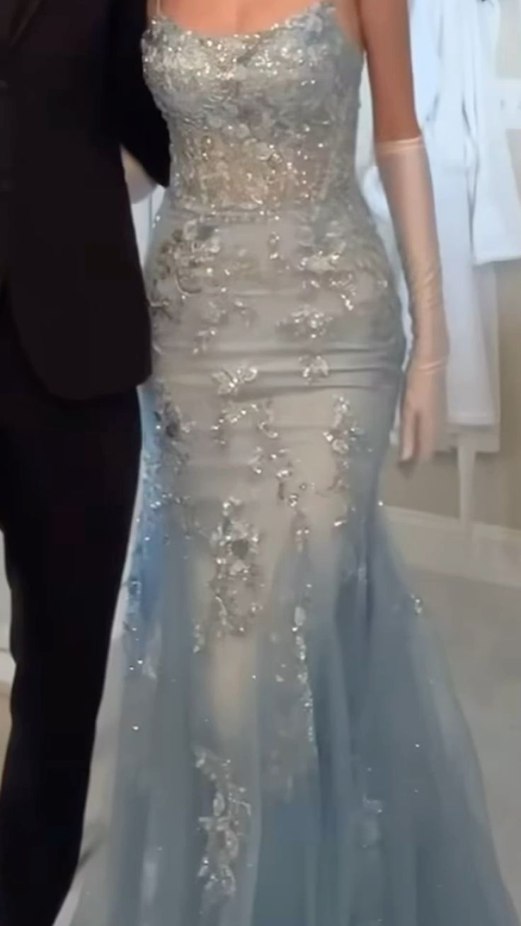 Charming Sky Blue Spaghetti Straps Tulle Sequin Mermaid Evening Dress Long Prom Dress With Gloves