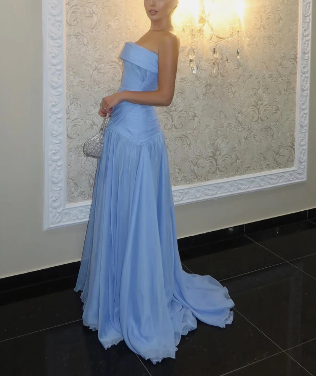 Elegant Strapless Blue Chiffon Pleated Mermaid Evening Dress Long Wedding Guest Dress