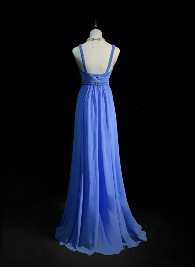 Elegant Spaghetti Straps Blue Chiffon Beaded Long Wedding Guest Dress Formal Birthday Prom Dress Evening Dress