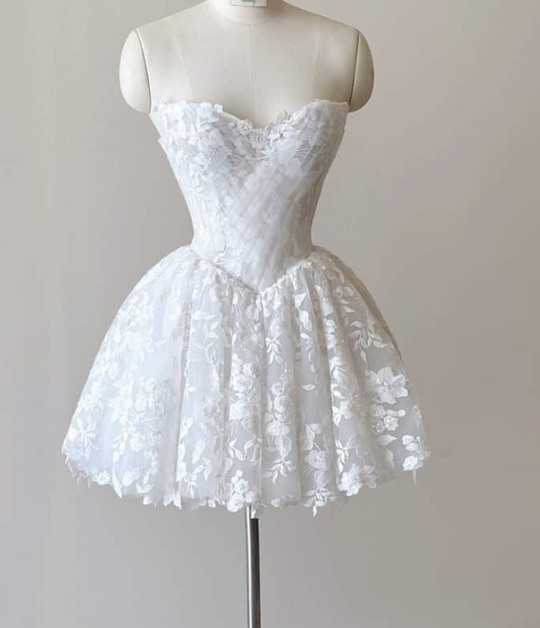 White Strapless Lace A Line Birthday Dress Short Prom Dress