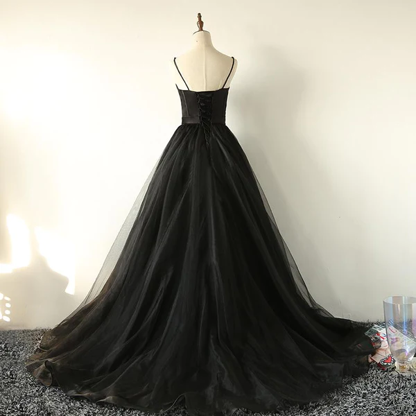 Ball Gown Spaghetti Straps Black Tulle Prom Dress Long Brush/Sweep Train Prom Dress