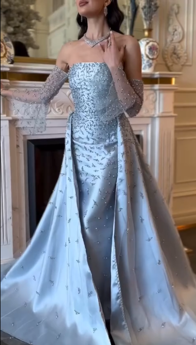 Gorgeous Blue Satin Tulle Beaded Mermaid Evening Dress Long Birthday Party Dress