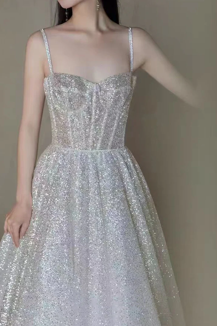 Glitter Spaghetti Straps Tulle Silver Sequin A Line Birthday Party Dress Long Evening Dress Prom Gown