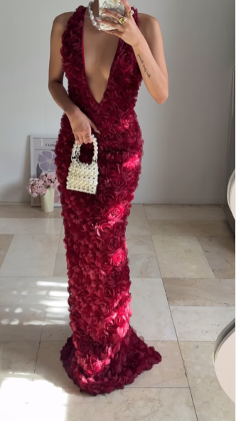 Gorgeous Deep V Burgundy Rose Flowers Long Party Evening Dress,Sheath Prom Dress