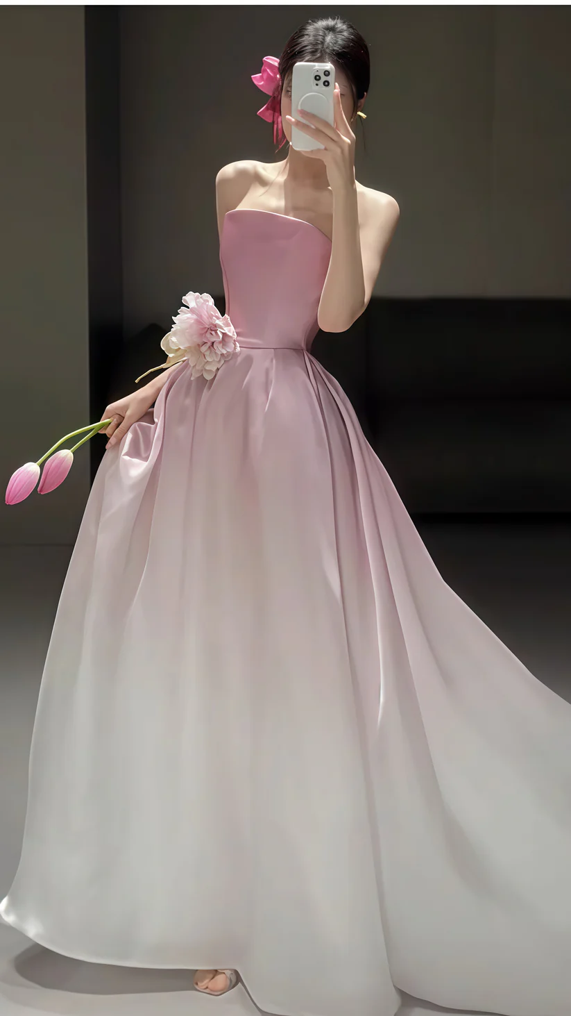 Fairy Ombre Pink Strapless Party Evening Dress,Formal Prom Dress With Flowers