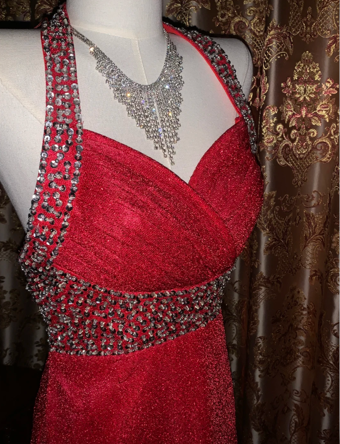 Glitter Halter Red Tulle Sequin Beaded A Line Long Party Dress Evening Dress