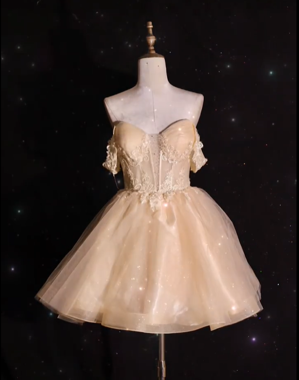 Sparkly Yellow Off The Shoulder Tulle Appliques A Line Homecoming Dress Birthday Dress