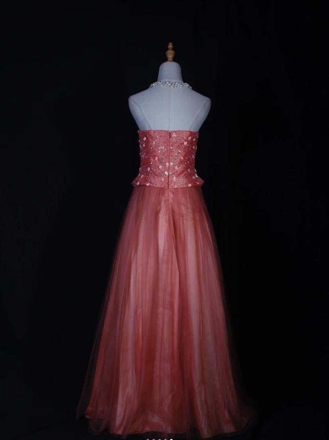 Sweet Strapless Tulle Beaded A Line Long Wedding Guest Dress Formal Birthday Evening Dress