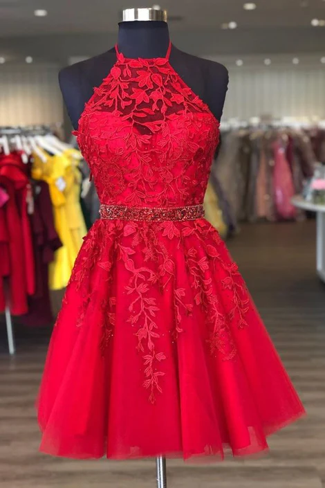 Red Lace Homecoming Dress Halter Neckline, Short Prom Dress ,Formal Dress,Dance Dresses, Back To School Party Gown